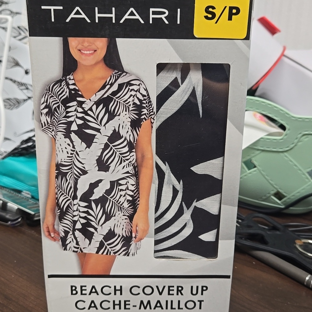 Tahari Size S Black and White Tropical Beach Cover Up Dress